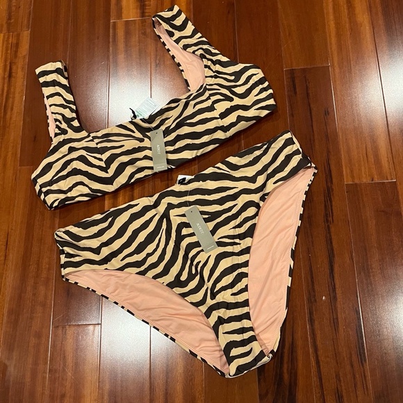 New NWT JCrew Black Tan Bikini Swim Two Piece Set Zebra Animal Print Plus‎ Sz 2X